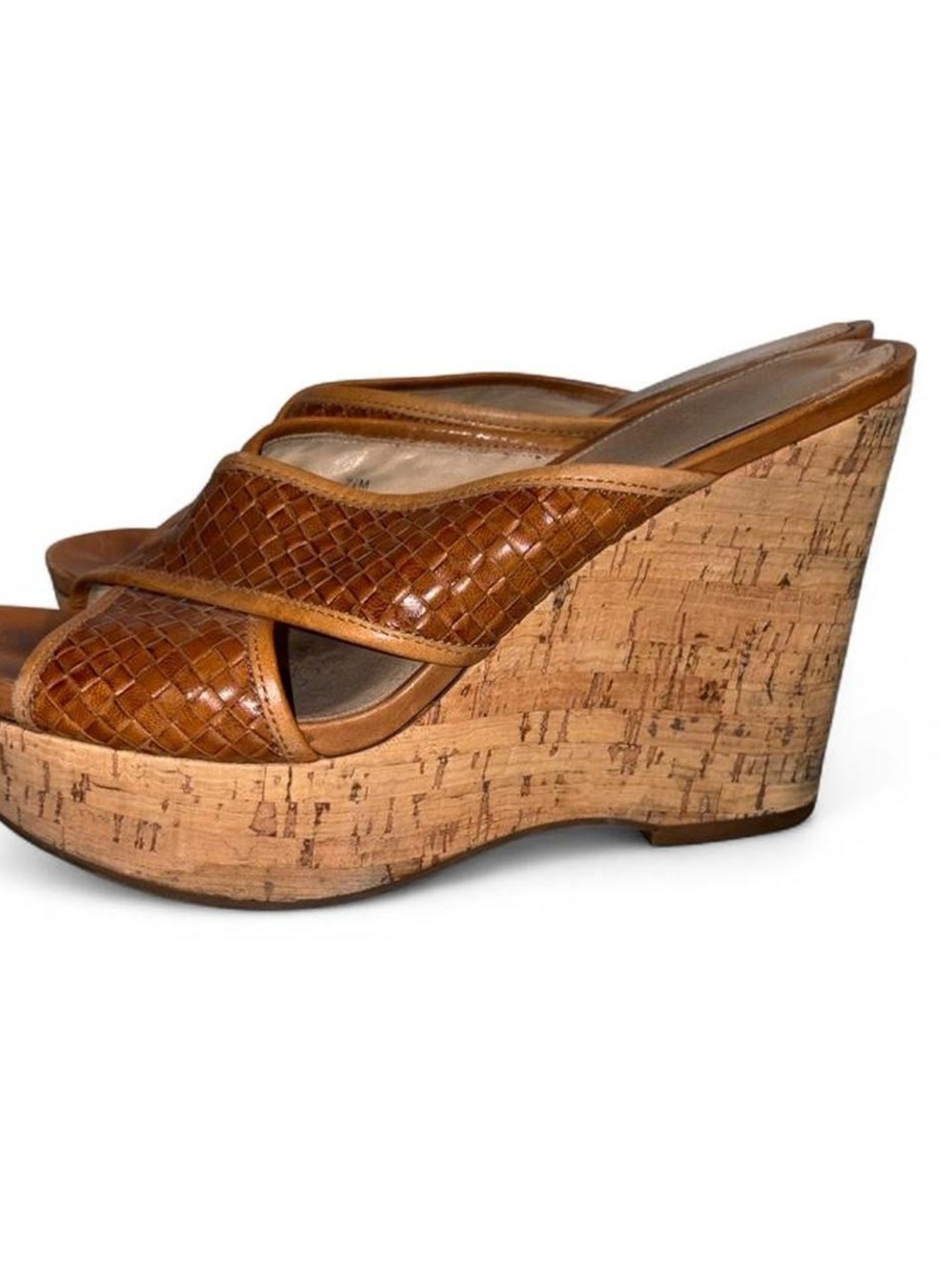 Via Spiga Tan Woven Leather Cork Wedge Sandals - Picture 4 of 7